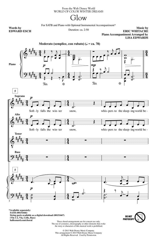 Glow SATB-Piano - Eric Whitacre - Partition